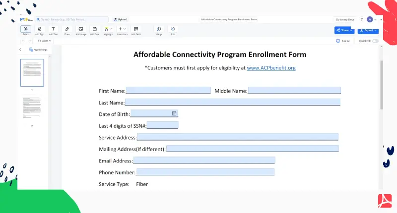 affordable connectivity program enrollment form screenshot