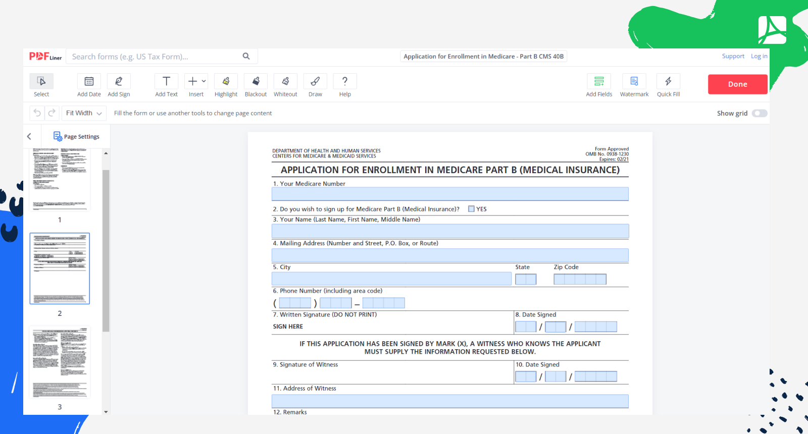 Application for Enrollment in Medicare - Part B Screenshot