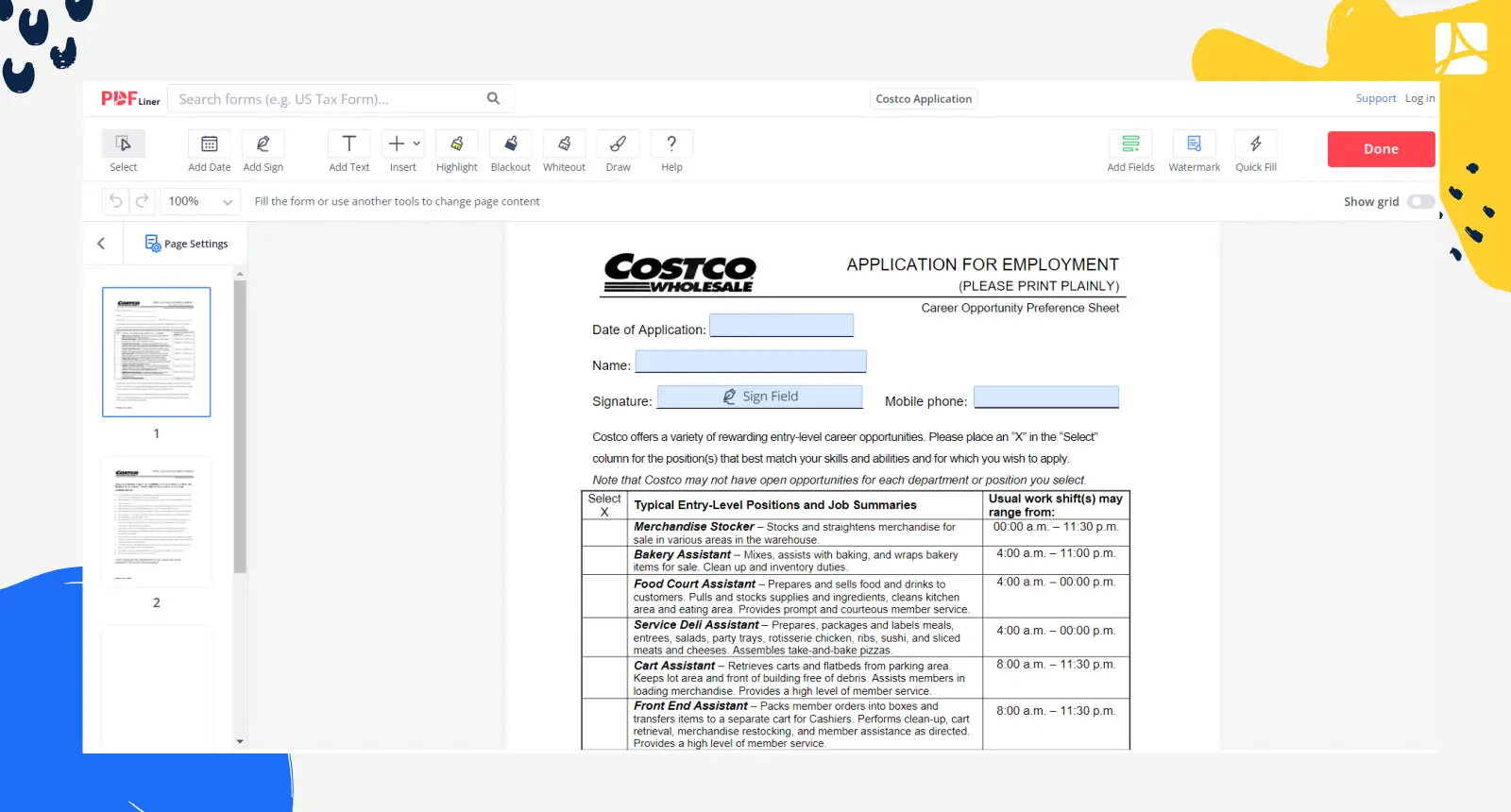 Costco Job Application Form Screenshot