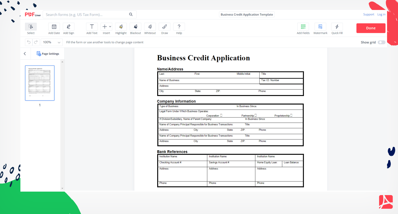 Business Credit Application Template Form Screenshot