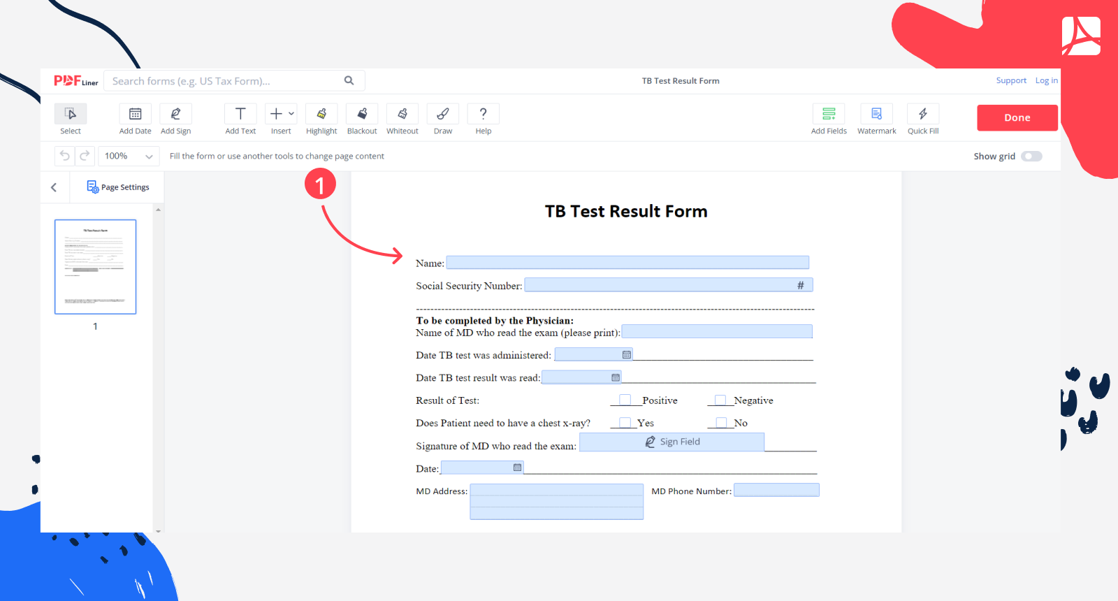 TB Test Result Form screenshot step 1