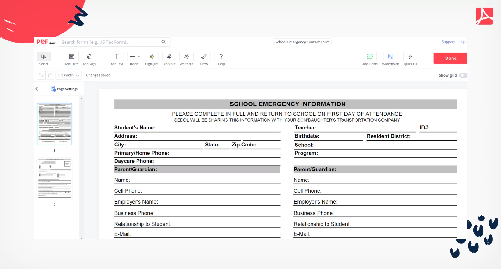 School Emergency Contact Form on PDFLiner
