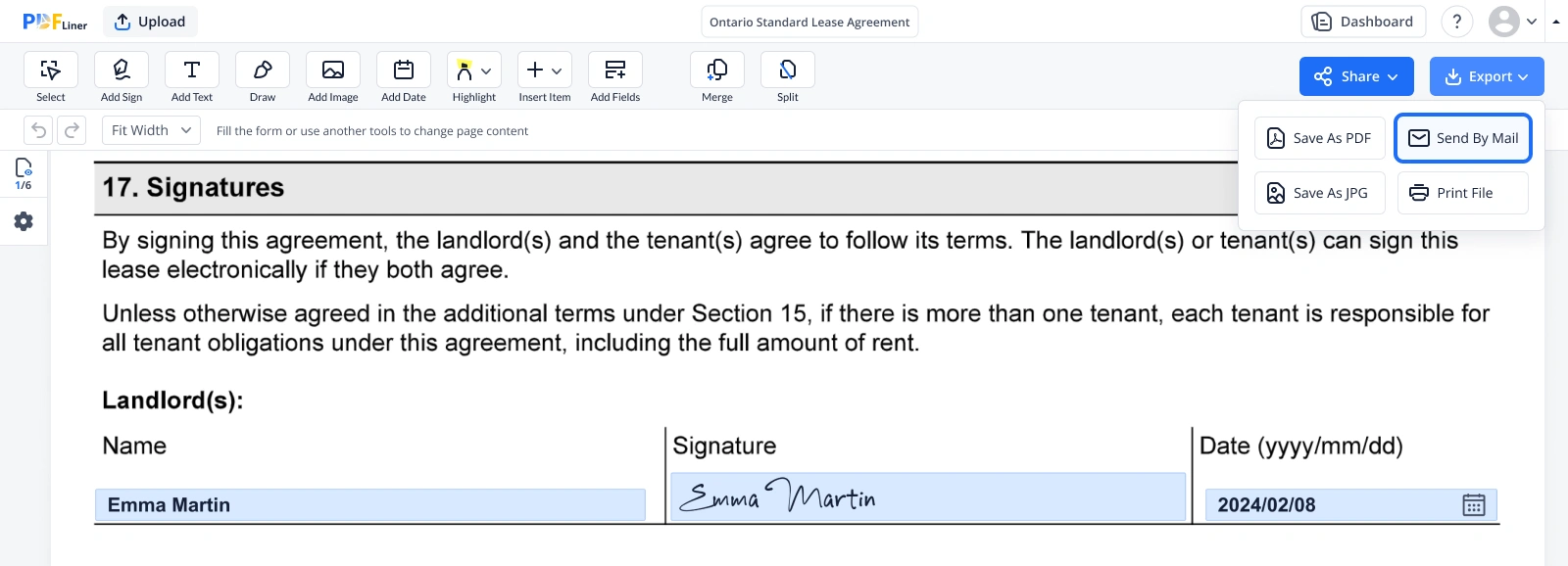 Sending ontario standard lease for a signature step 2