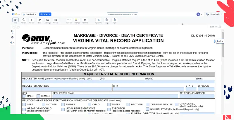 Virginia Vital Record Application, DL 82