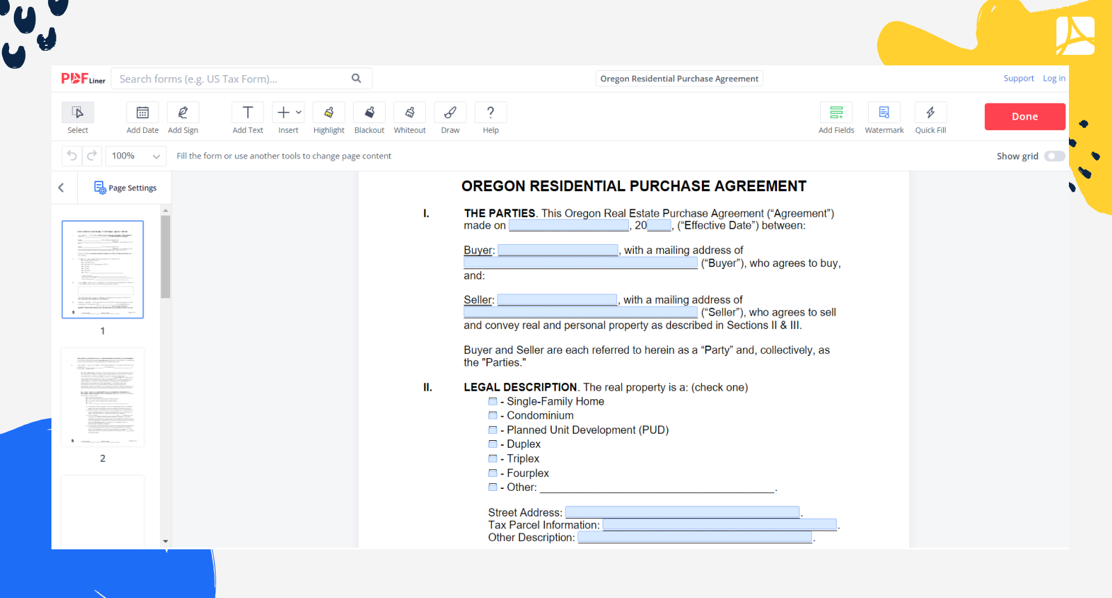 Oregon Residential Purchase Agreement Form Screenshot