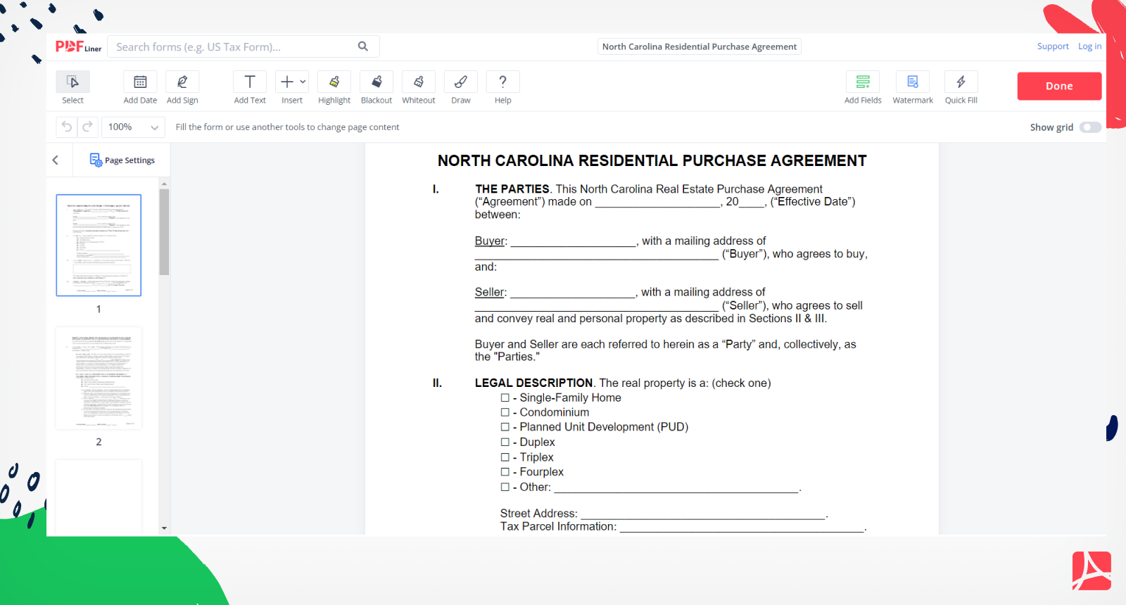 North Carolina Residential Purchase Agreement Form Screenshot