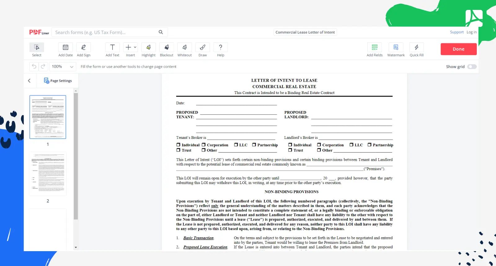 Commercial Lease Letter of Intent Form Screenshot