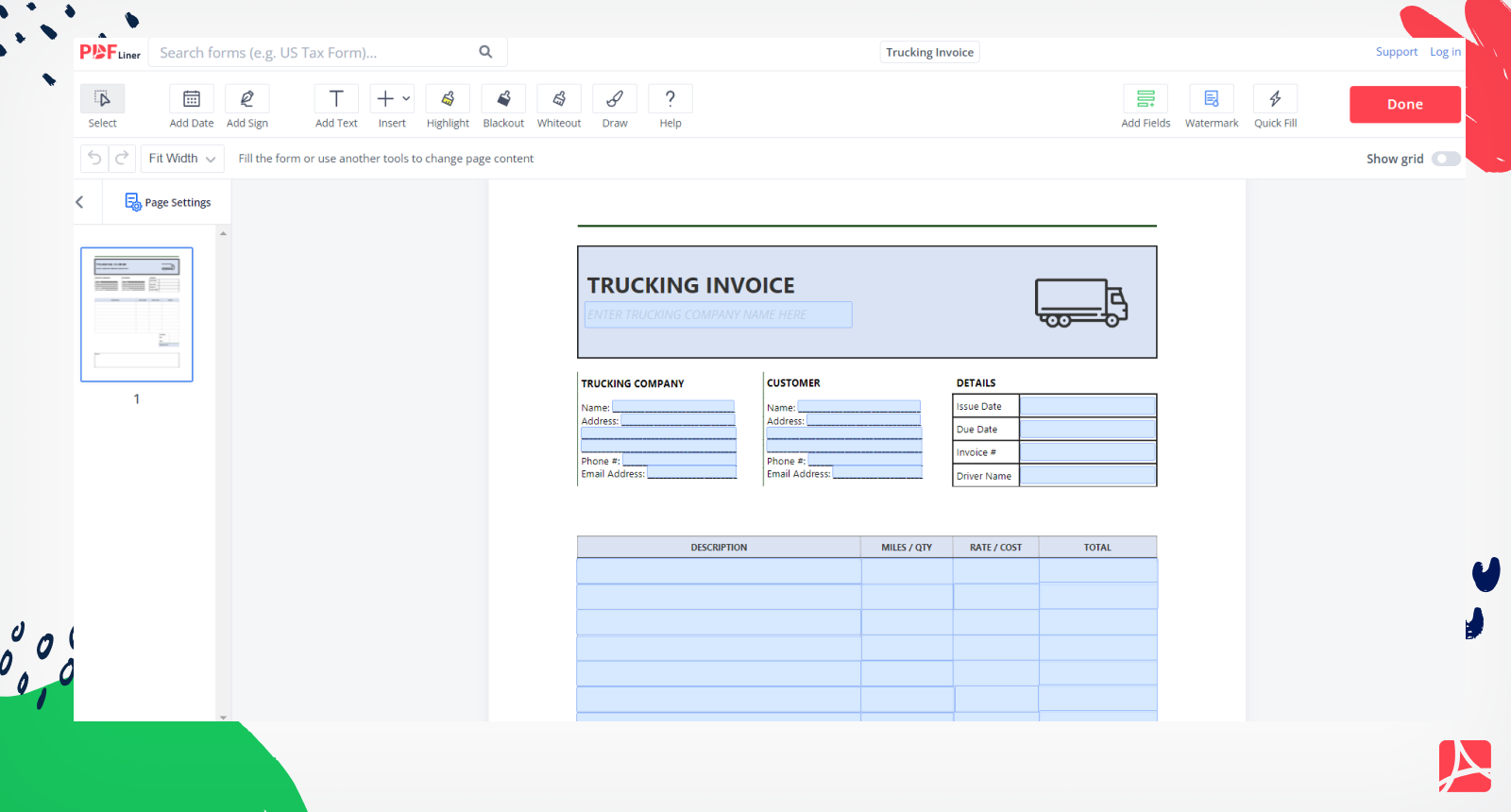 Trucking Invoice Form Screenshot