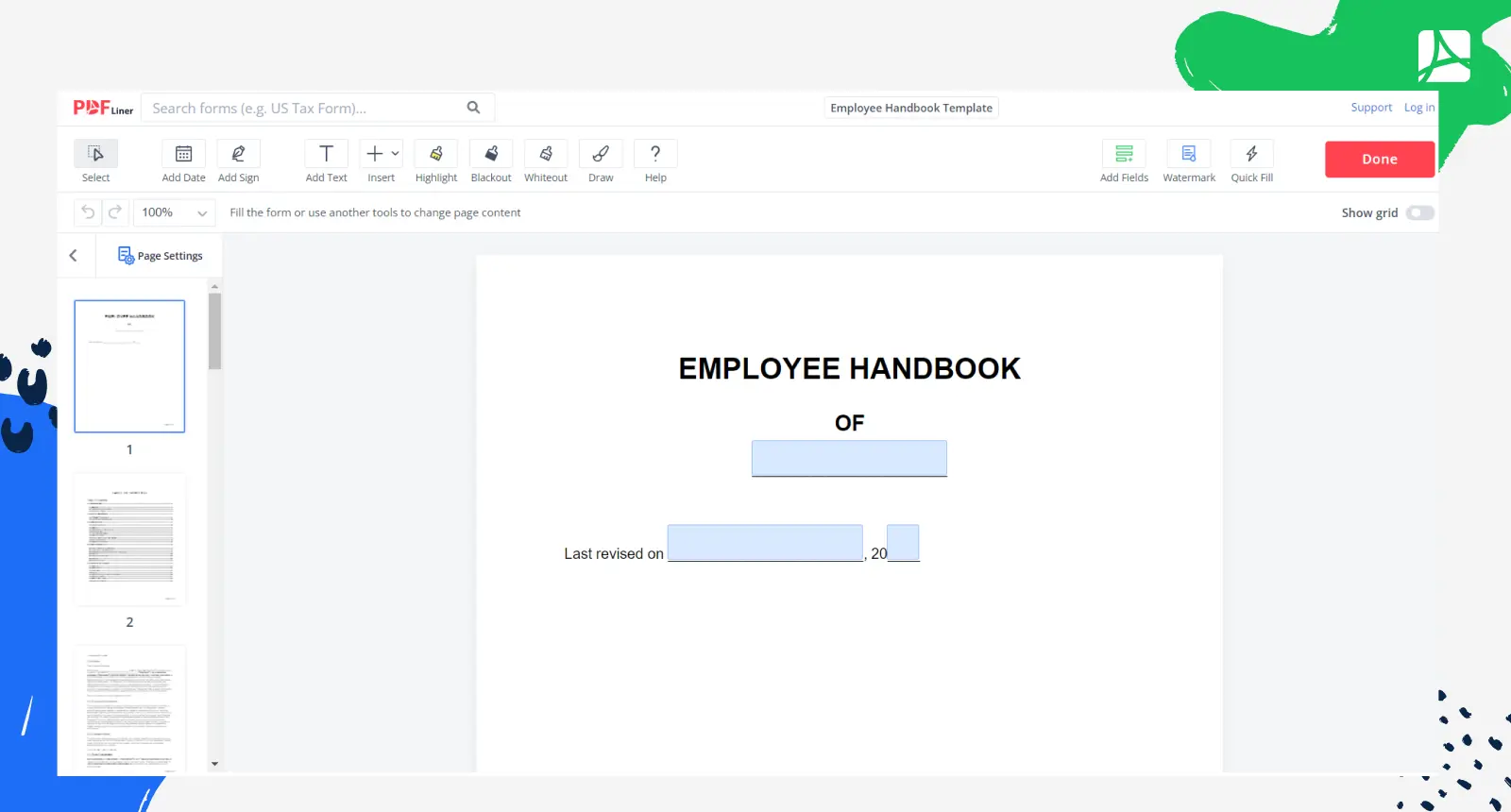Employee Handbook Template Form Screenshot