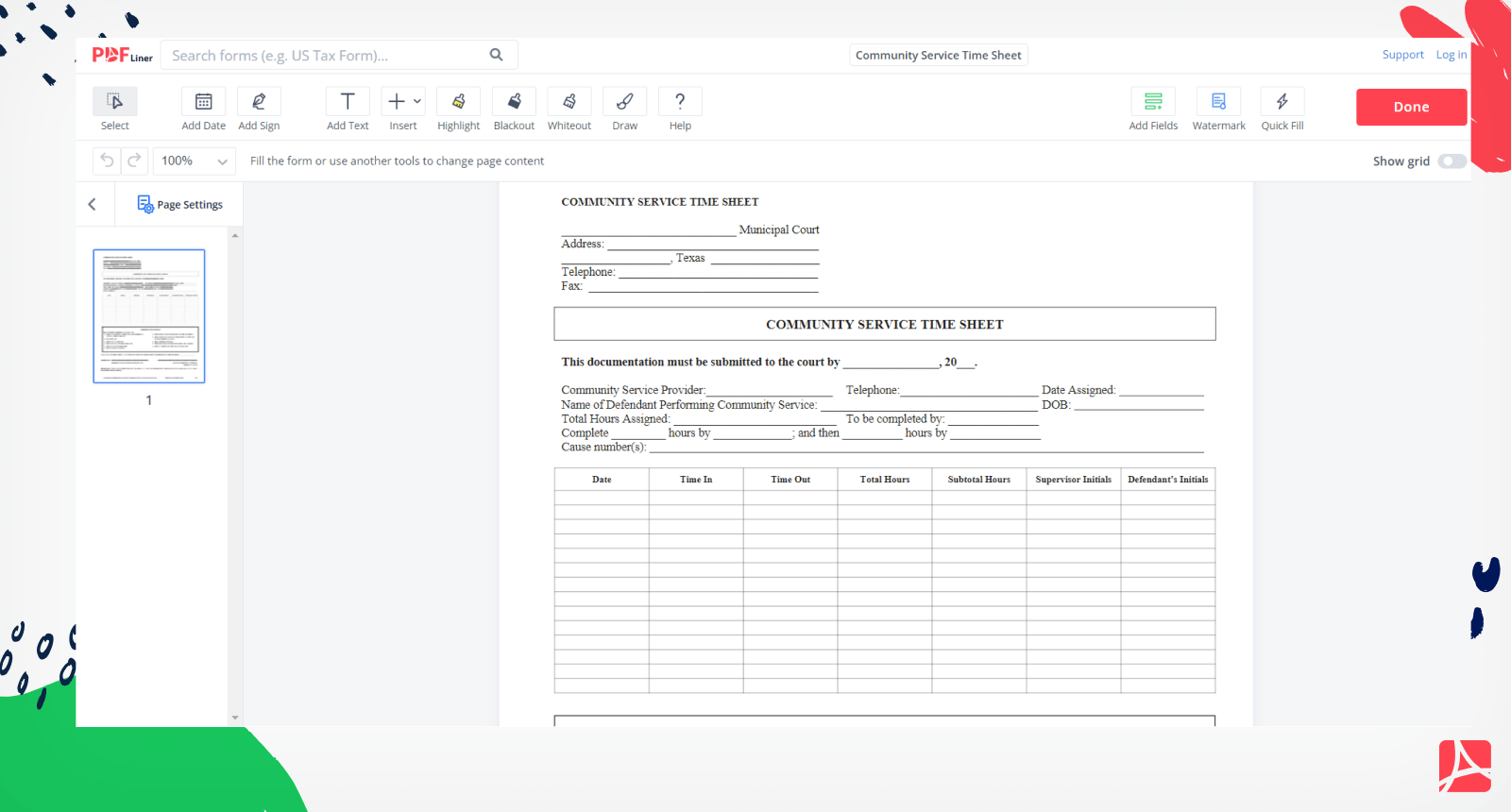 Community Service Time Sheet Form Screenshot