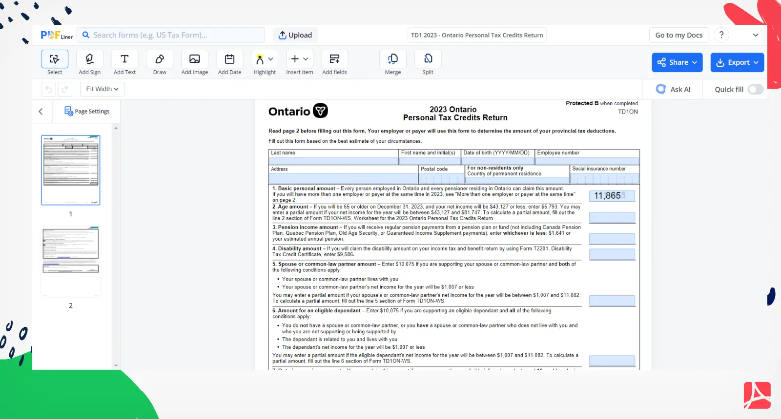 TD1 Form 2023 - Ontario Personal Tax Credits Return Screenshot