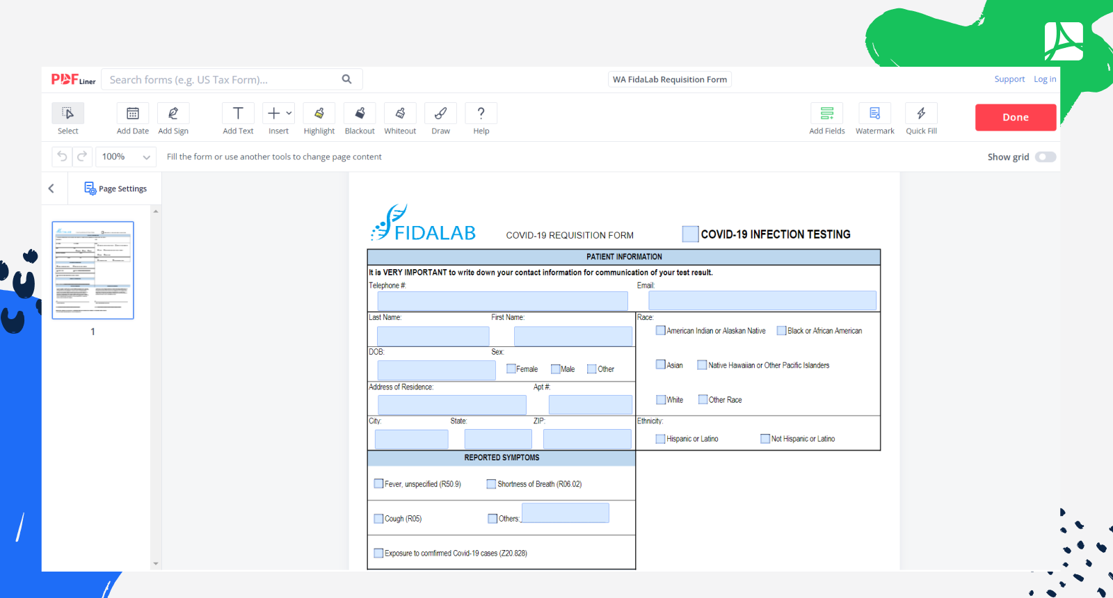 WA FidaLab Requisition Form Screenshot