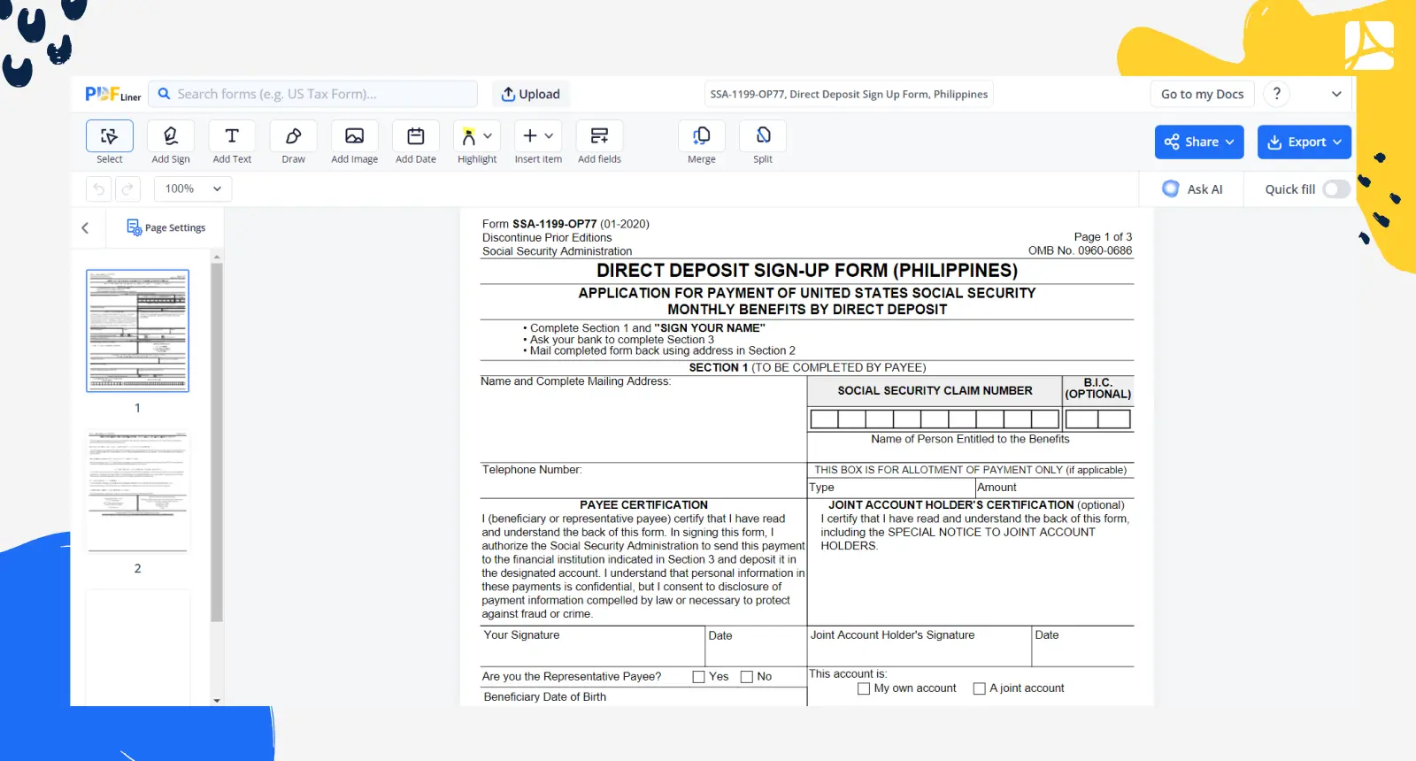SSA-1199-OP77 Direct Deposit Sign Up Form Philippines Screenshot