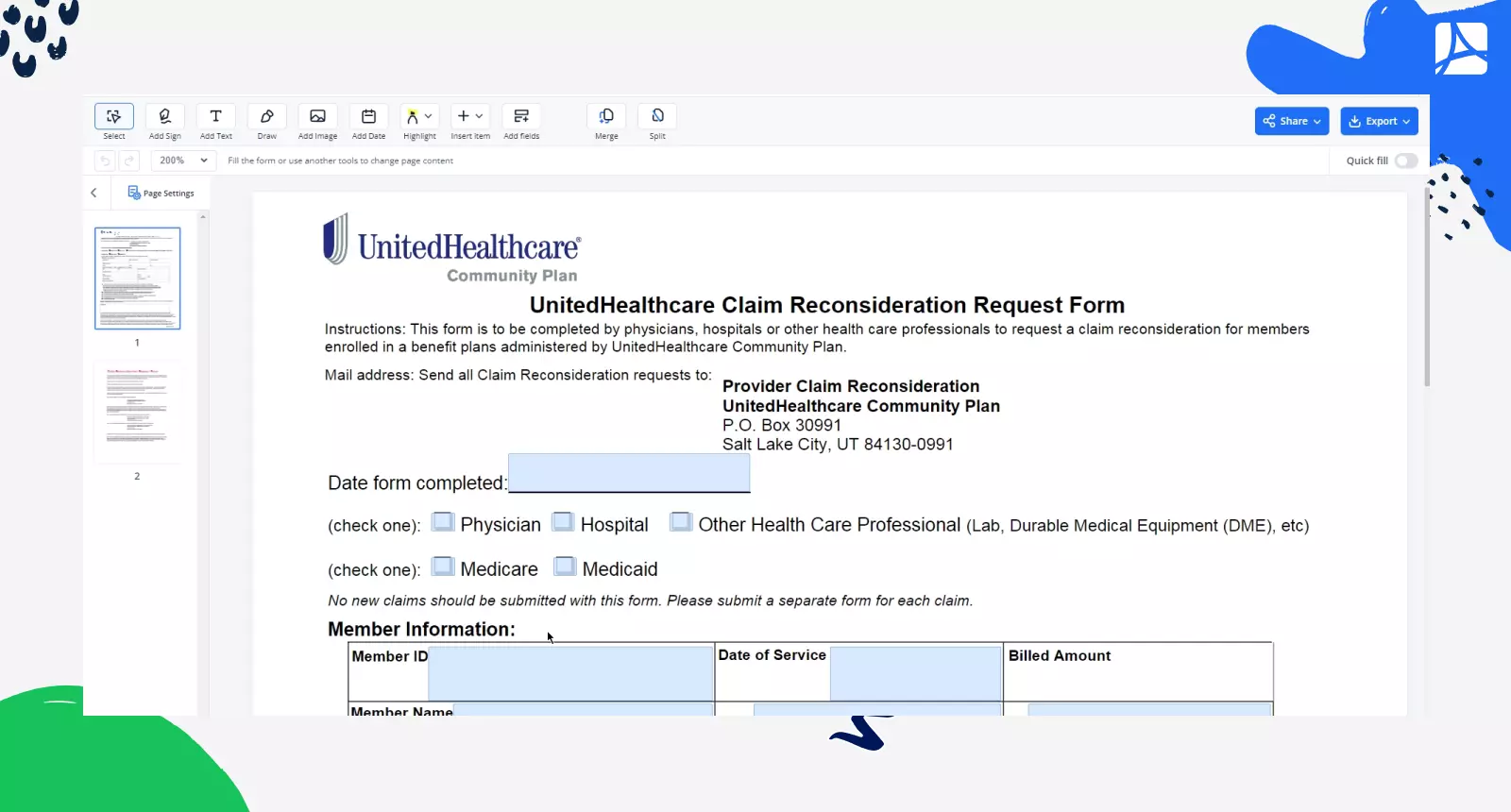 UHC Reconsideration Request Form screenshot