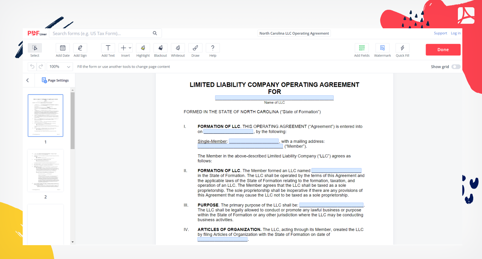 North Carolina LLC Operating Agreement Form Screenshot
