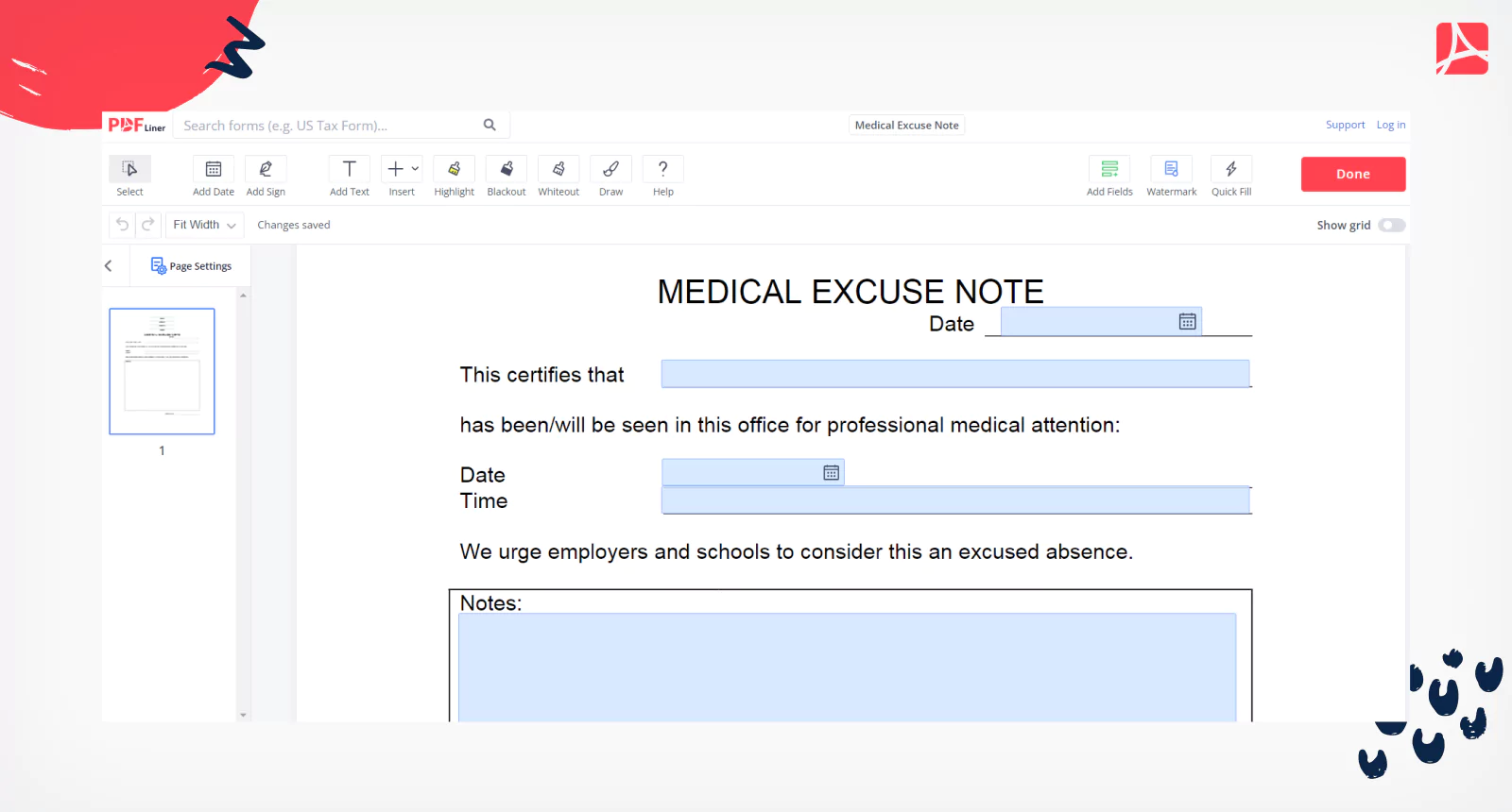 Medical Excuse Note on PDFLiner