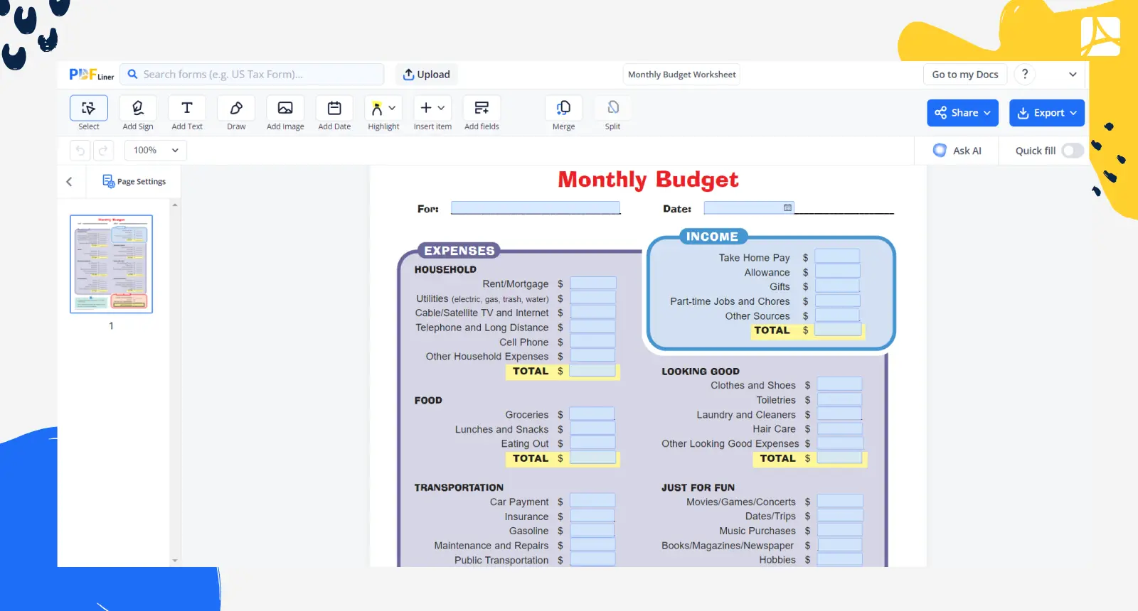 Monthly Budget Worksheet Screenshot