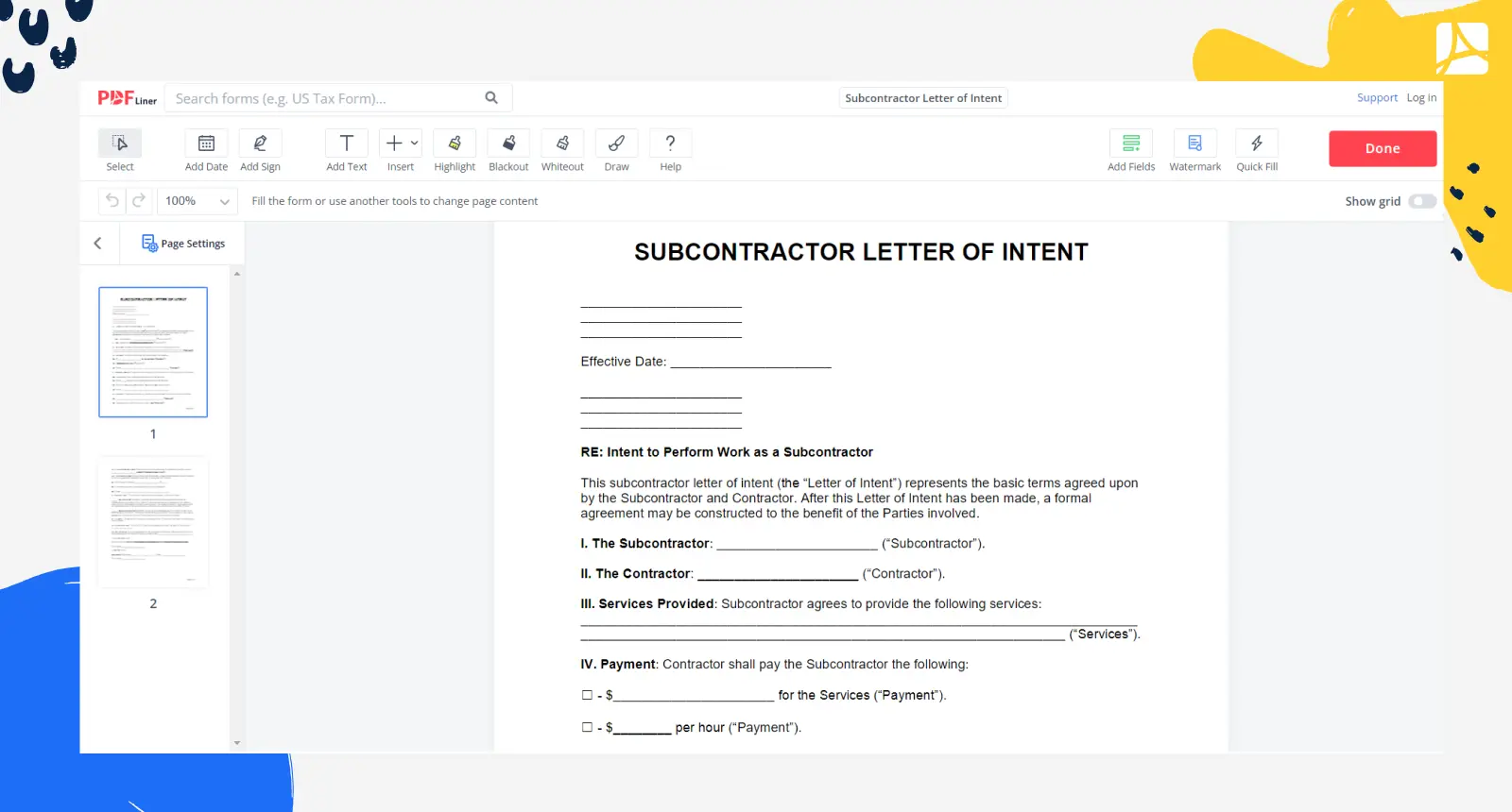 Subcontractor Letter of Intent Form Screenshot