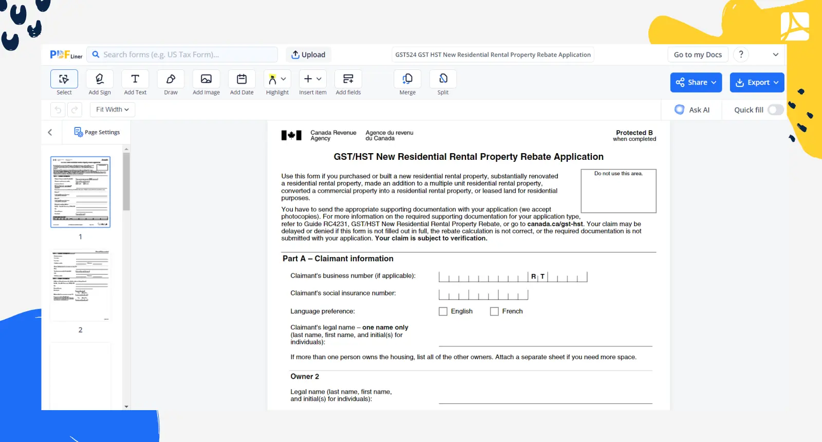 GST524 GST HST New Residential Rental Property Rebate Application Screenshot