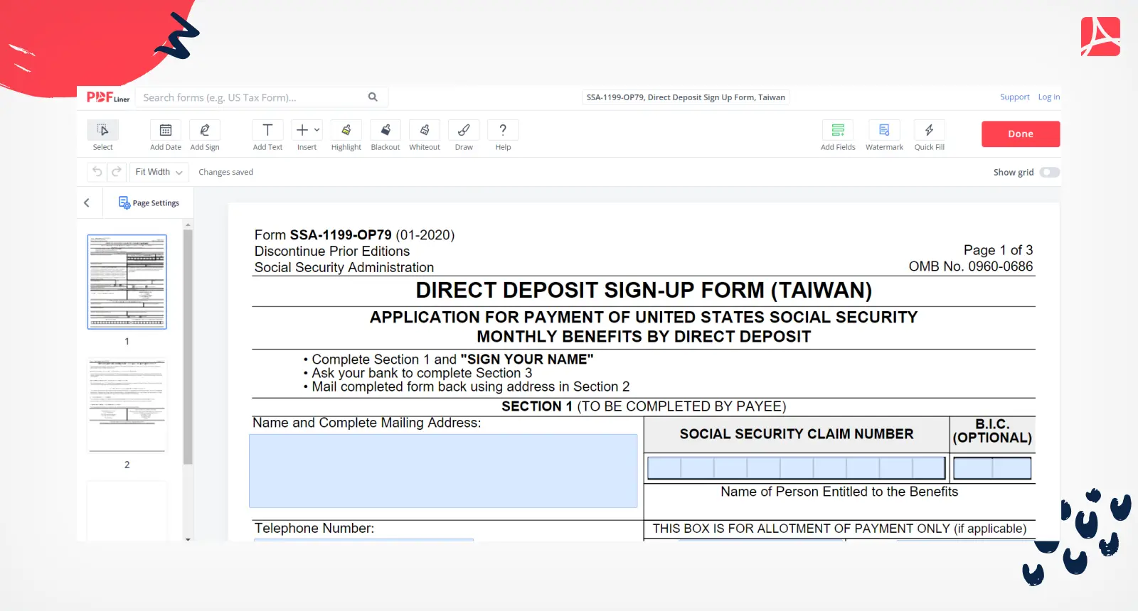 SSA-1199-OP79, Direct Deposit Sign Up Form, Taiwan on PDFLiner