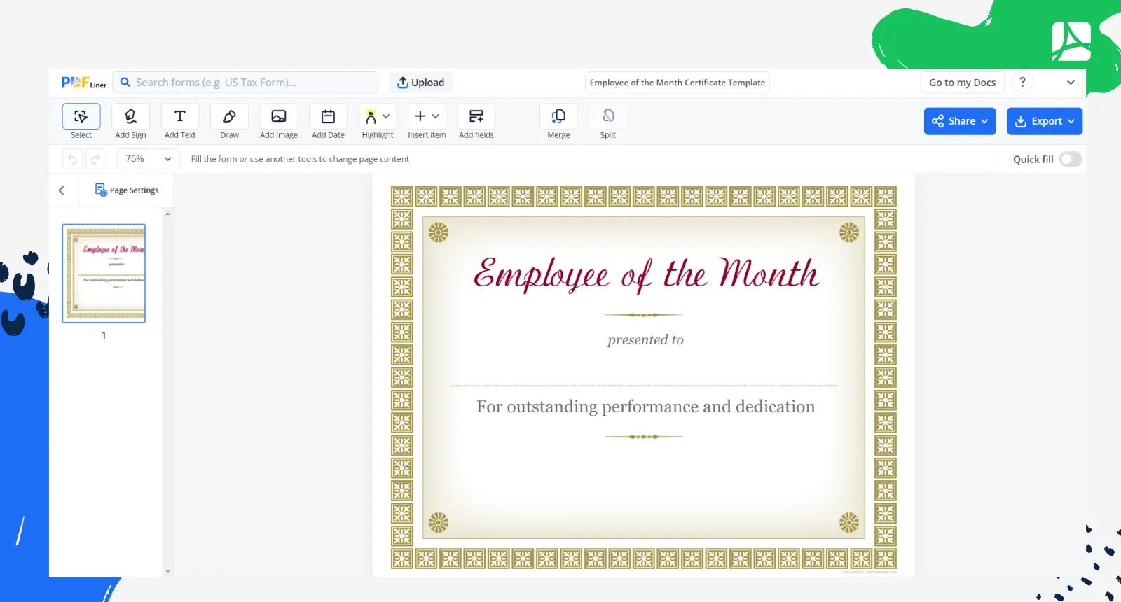 Employee of the Month Certificate Template Screenshot