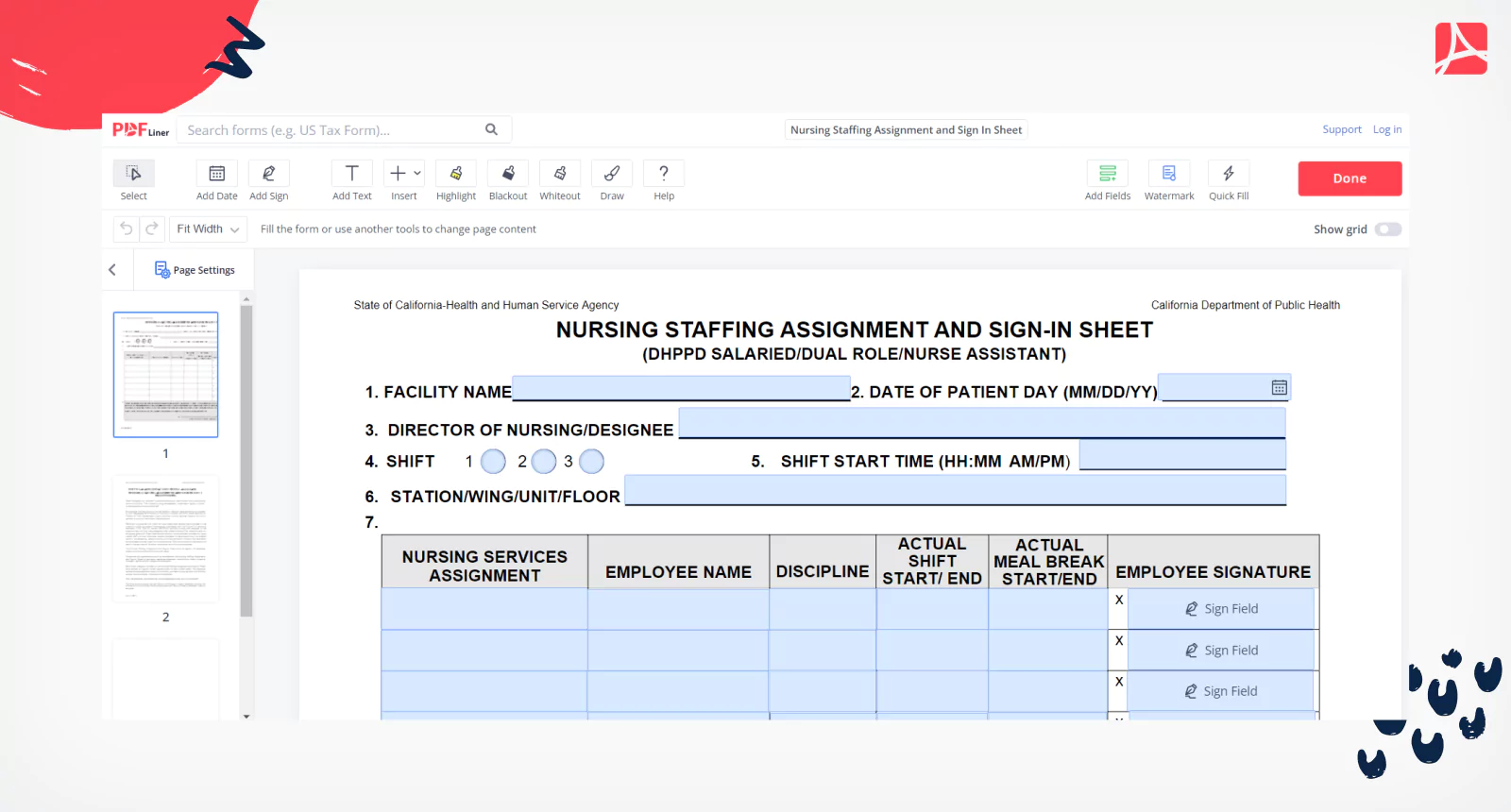 Nursing Staffing Assignment and Sign In Sheet on PDFLiner