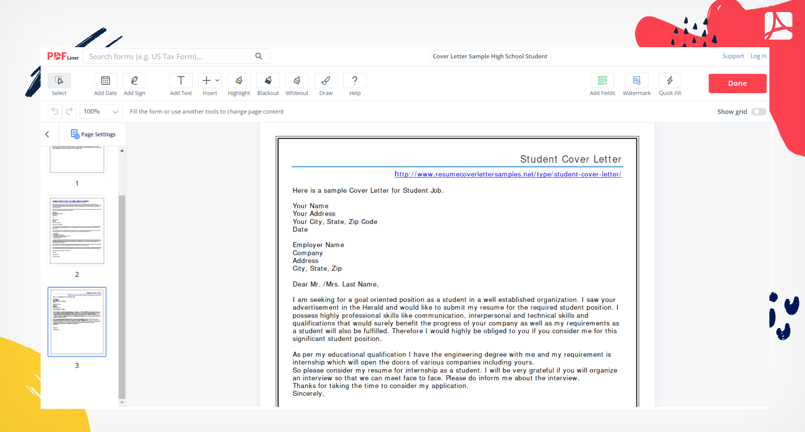Cover Letter Sample High School Student Screenshot