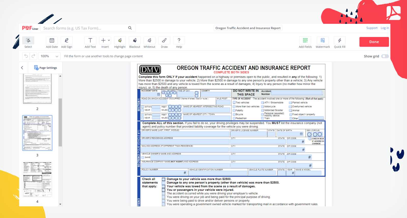 Oregon Traffic Accident and Insurance Report Screenshot
