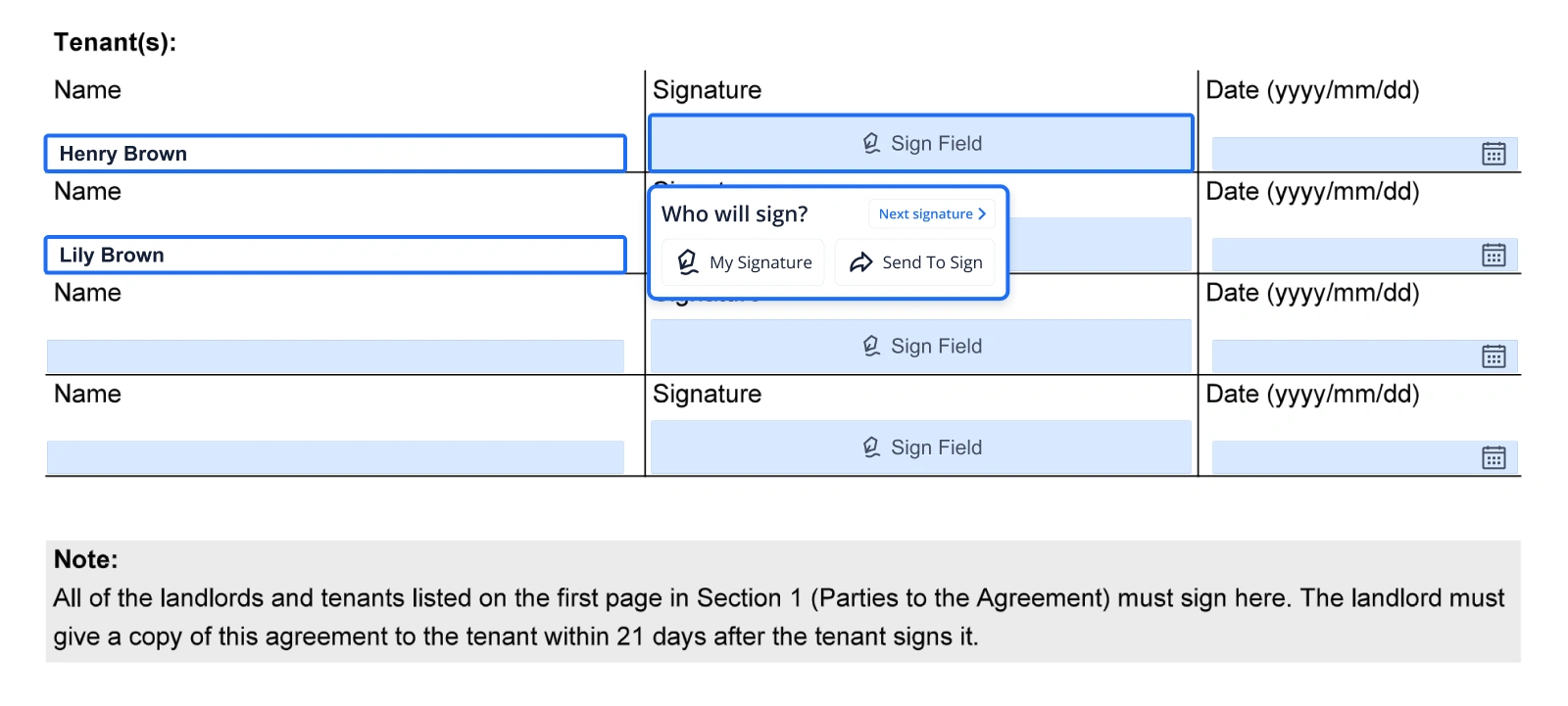 Sending ontario standard lease for signature