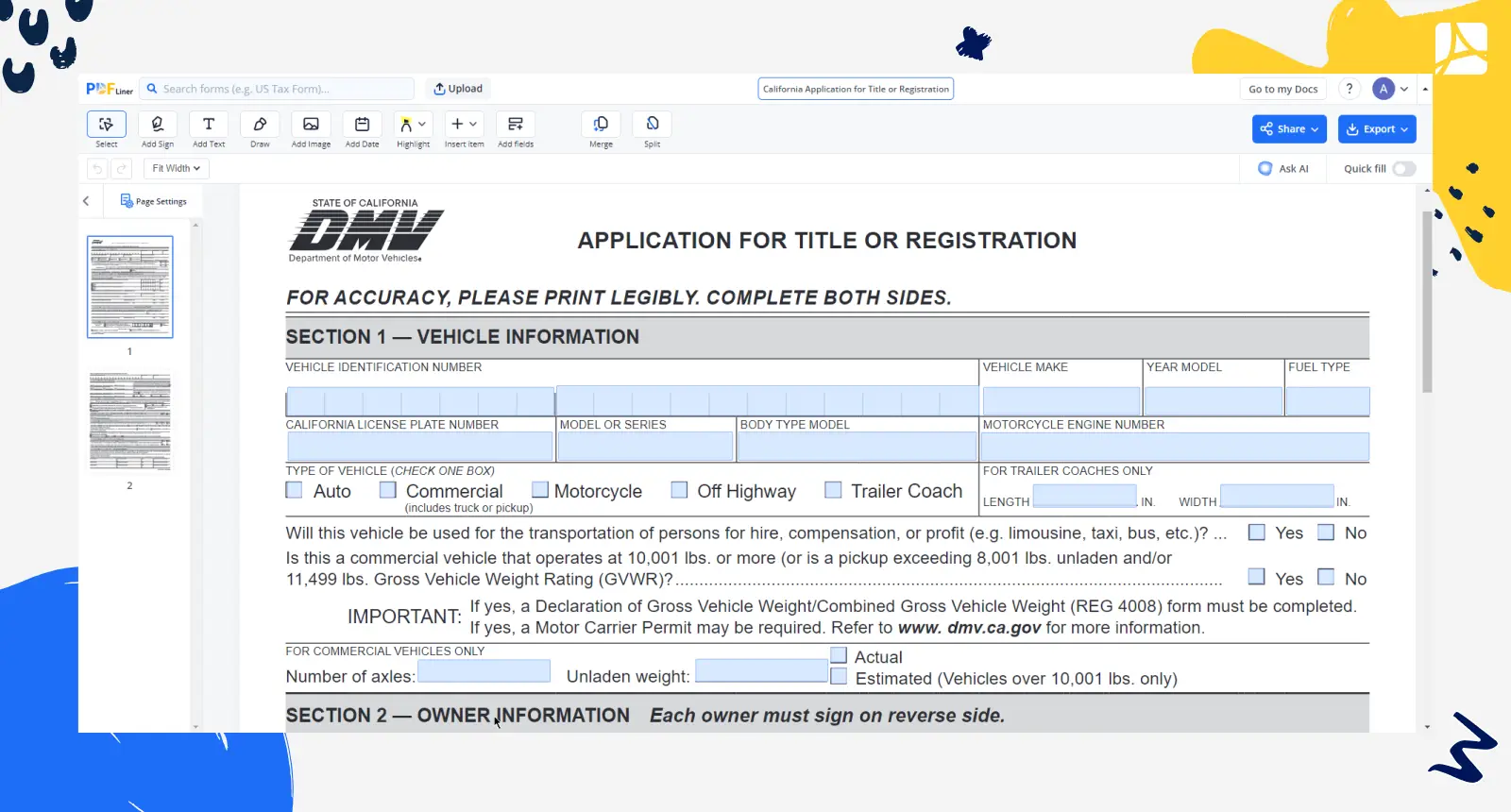 california application for title or registration screenshot