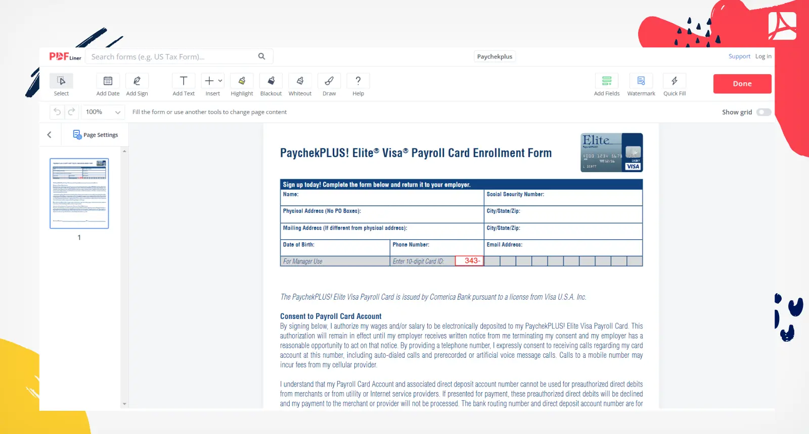 Visa Elite Paychek Plus Form Screenshot