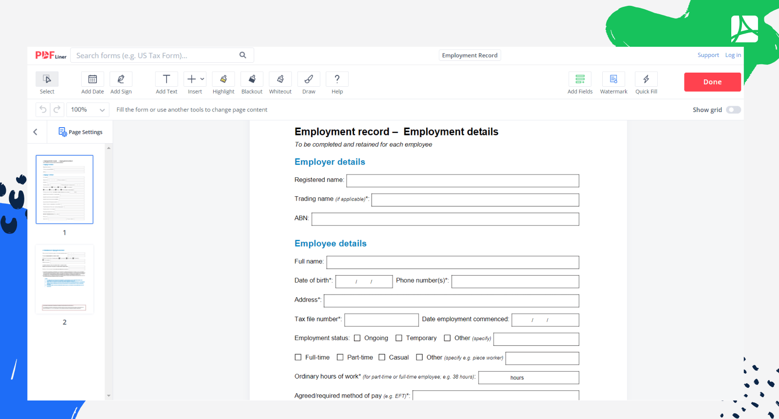 Employment Record Form Screenshot