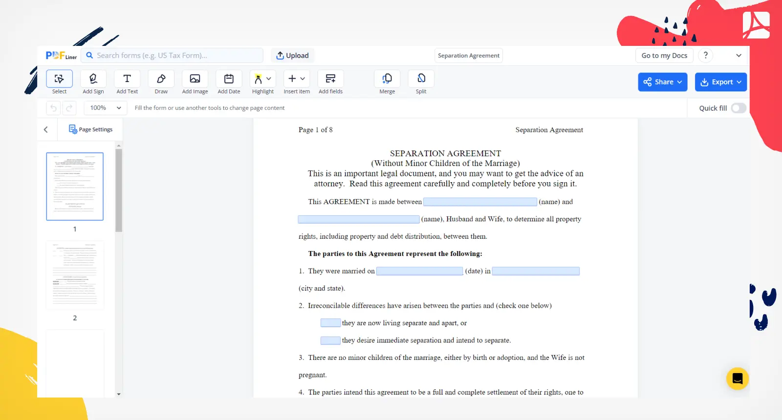 Separation Agreement Form Screenshot