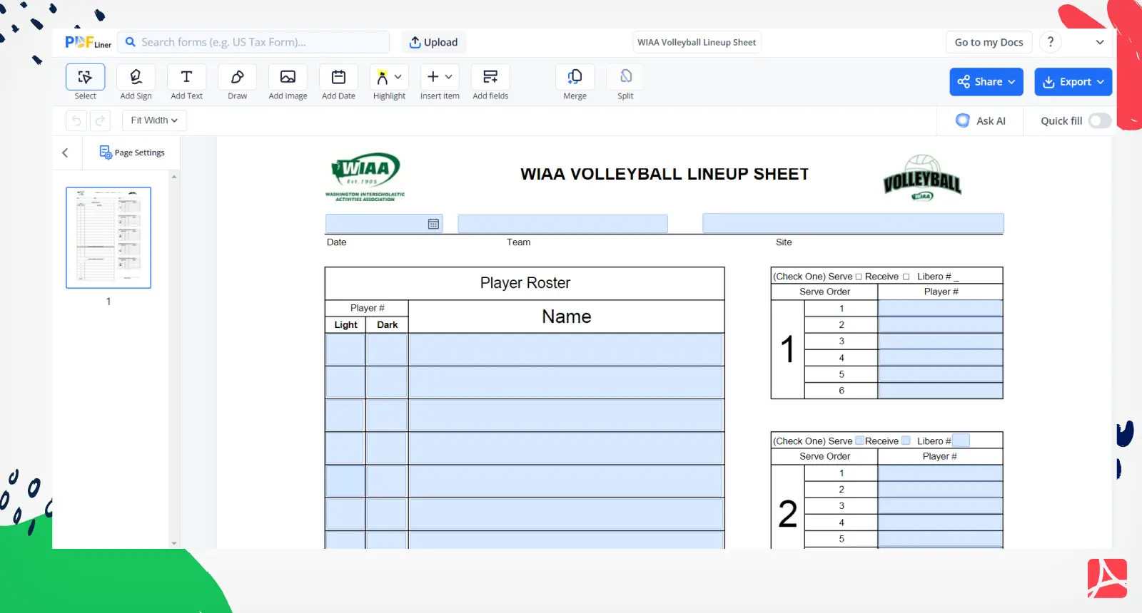 WIAA Volleyball Lineup Sheet Sign Form Online PDFliner