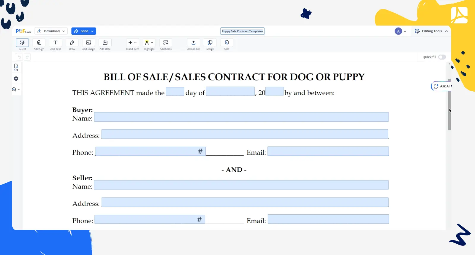 puppy sale contract templates PDFliner screenshot