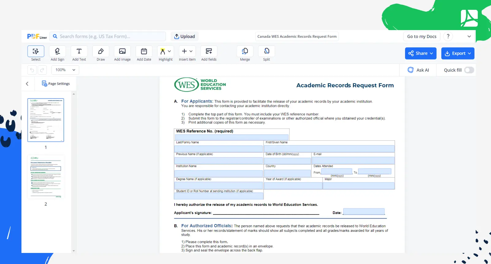 Canada WES Academic Records Request Form Template Screenshot