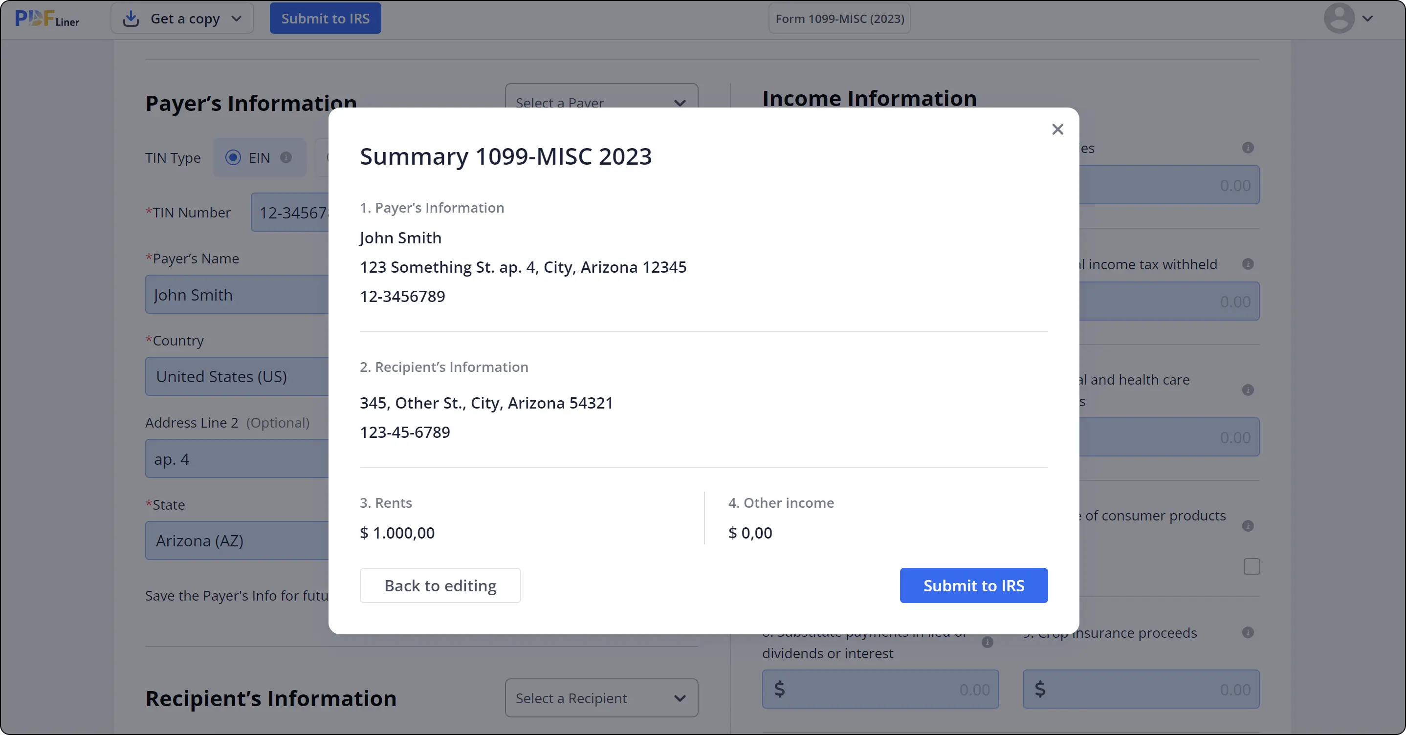 suammaty of 1099-MISC before submition to IRS