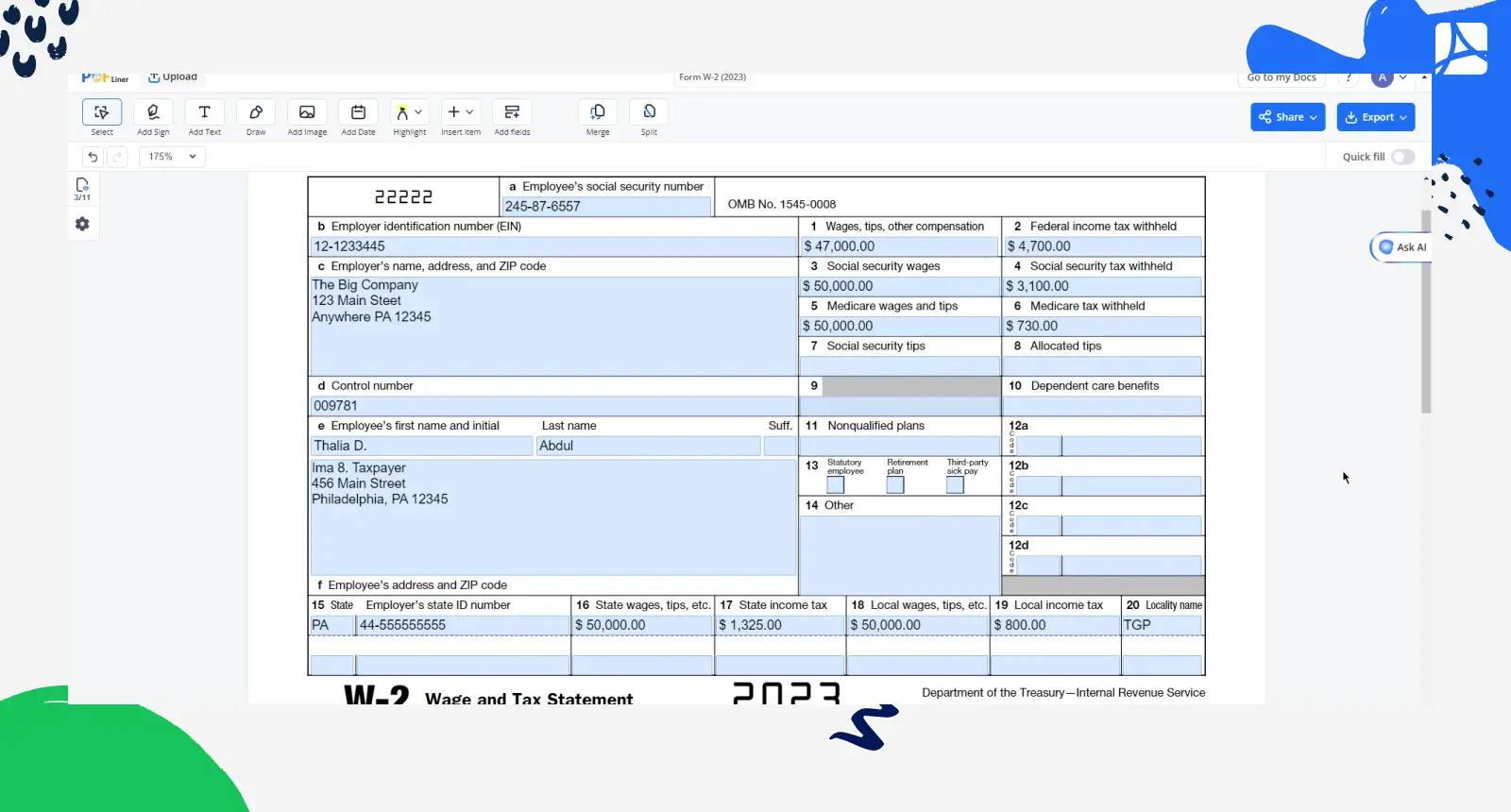 Form W-2 (2023) PDFLiner screenshot 