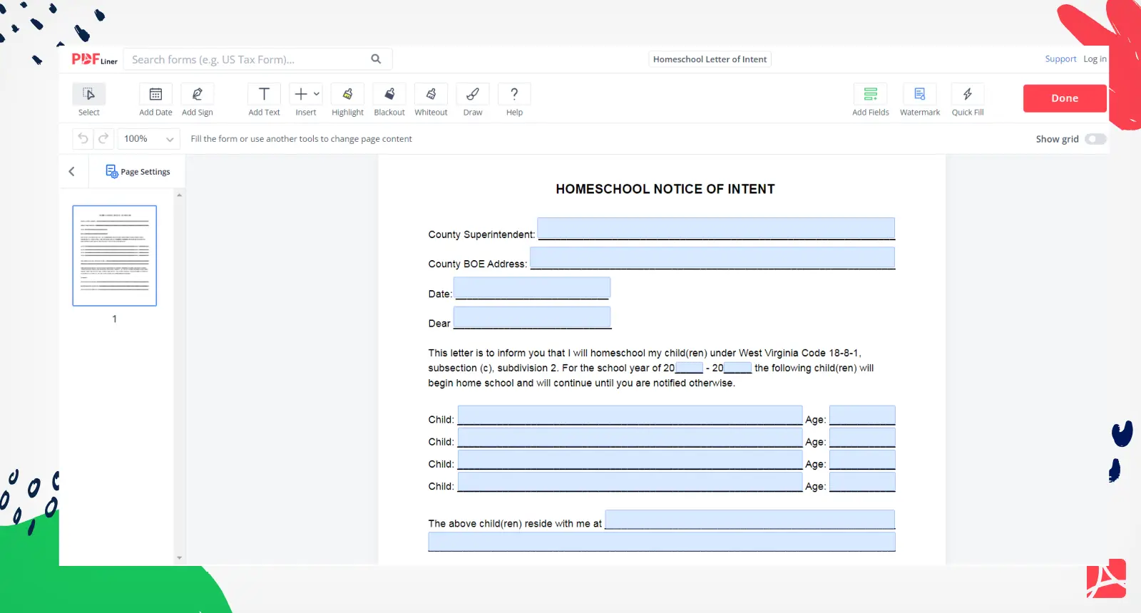 Homeschool Letter of Intent Form Screenshot