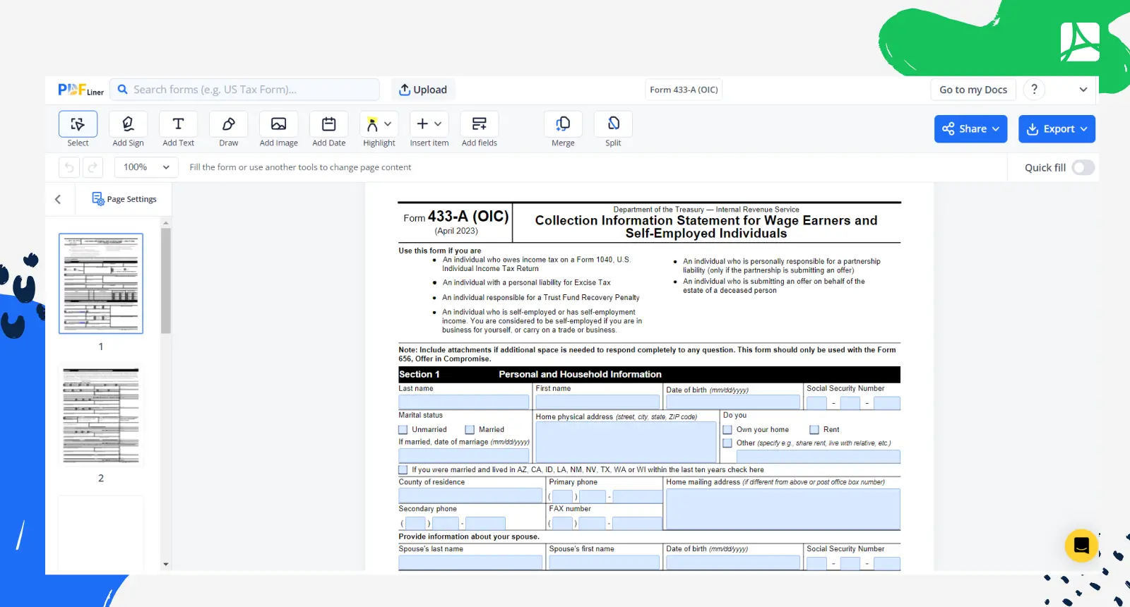 Form 433-A (OIC) Screenshot
