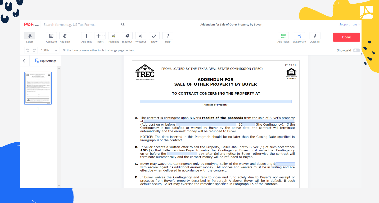 Addendum for Sale of Other Property by Buyer Form Screenshot