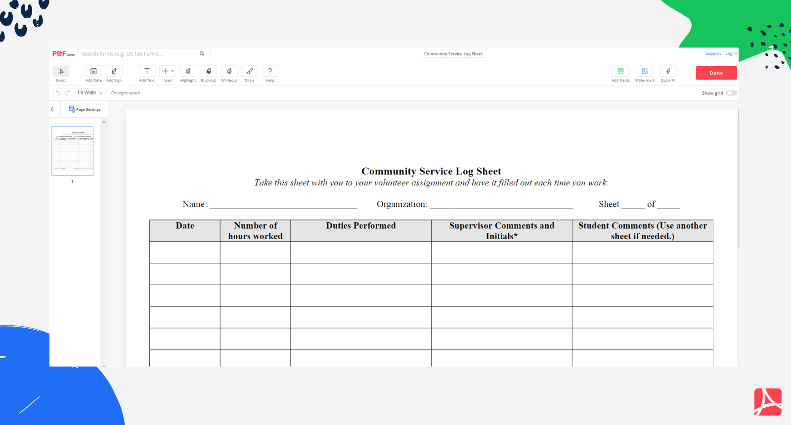 Community Service Log Sheet on PDFLiner