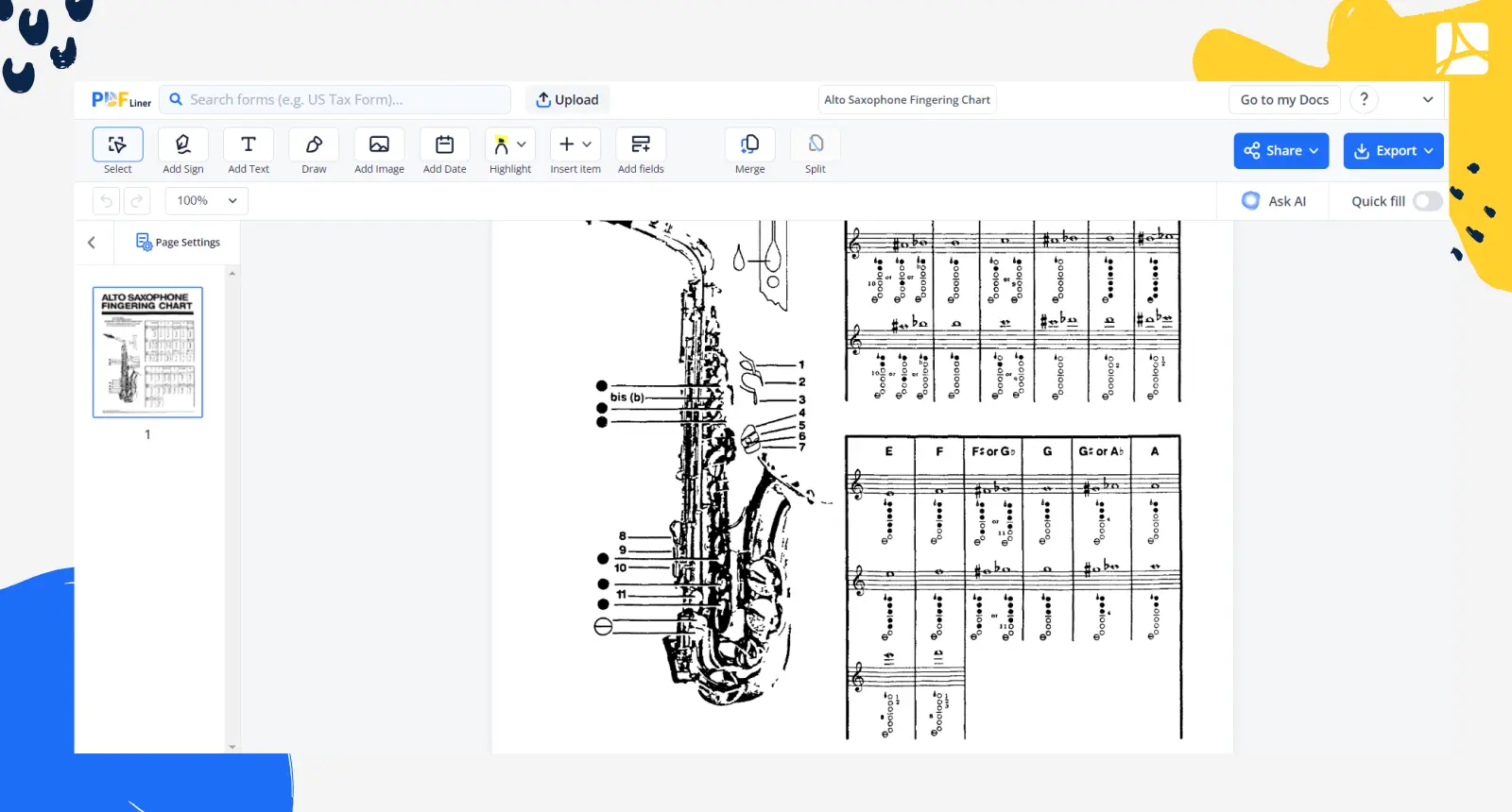 Alto Saxophone Fingering Chart Form Screenshot