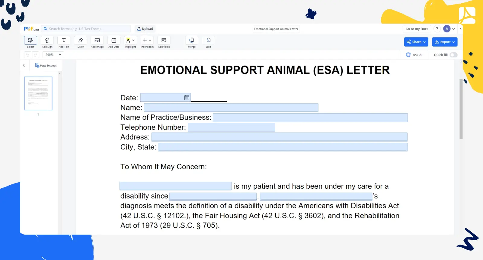 emotional support animal letter screenshot