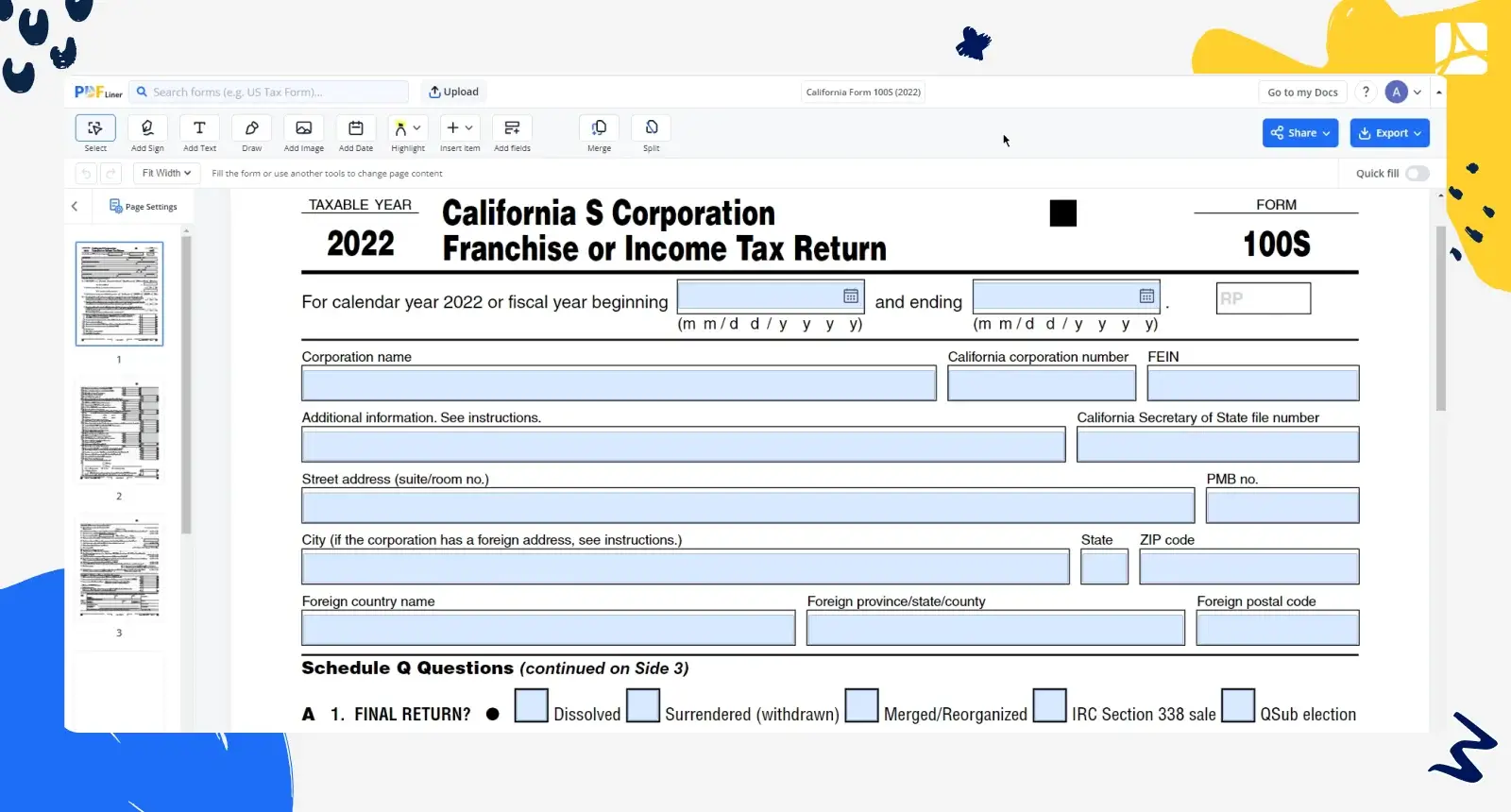 california form 100s screenshot