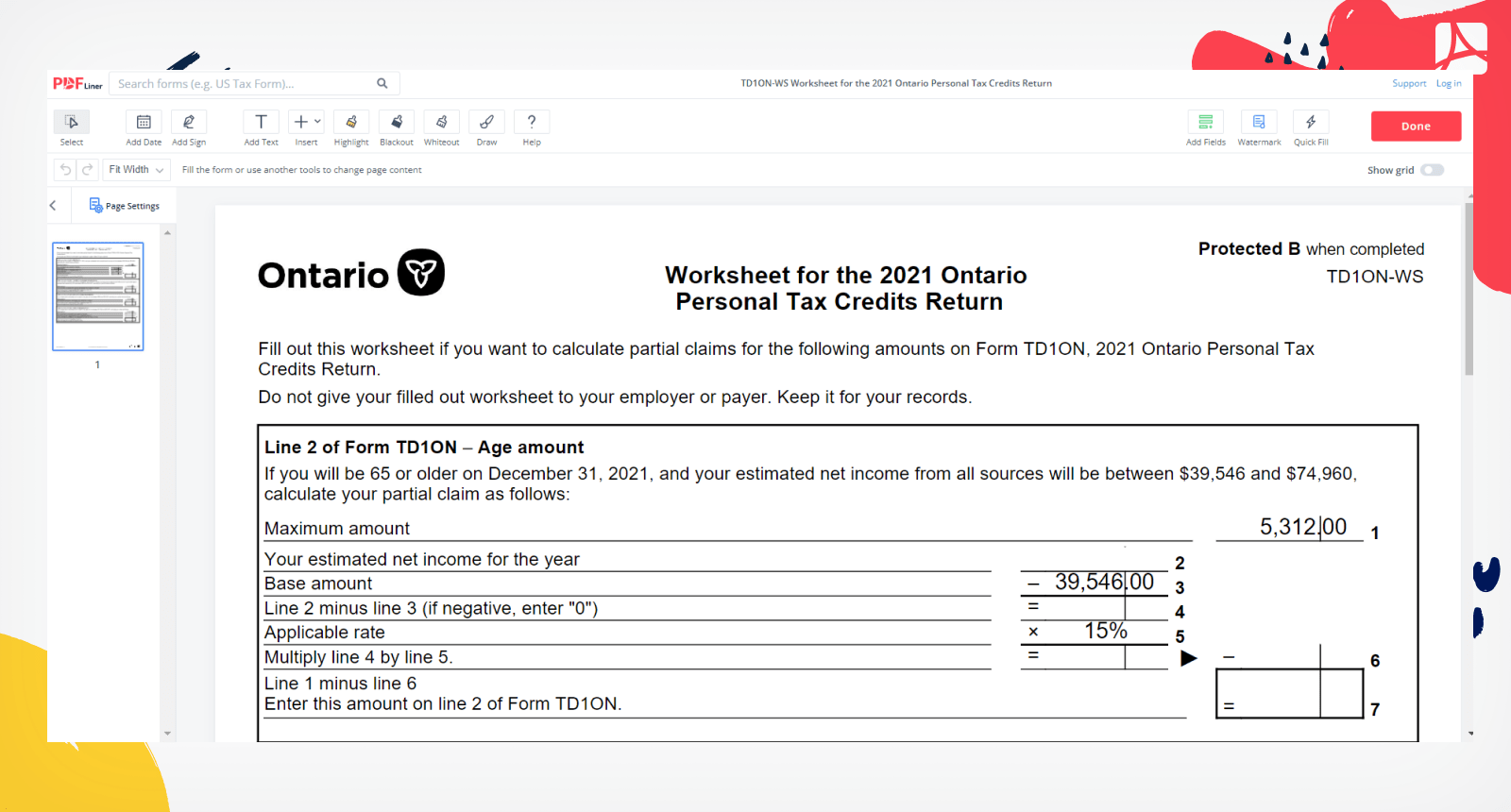 TD1ON-WS Worksheet for the 2021 Ontario Personal Tax Credits Return on PDFLiner