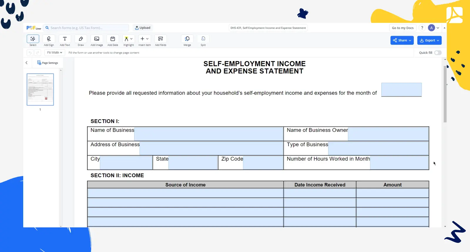 DHS-431, Self-Employment Income and Expense Statement screenshot