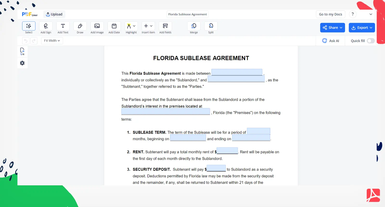 Florida Sublease Agreement Screenshot