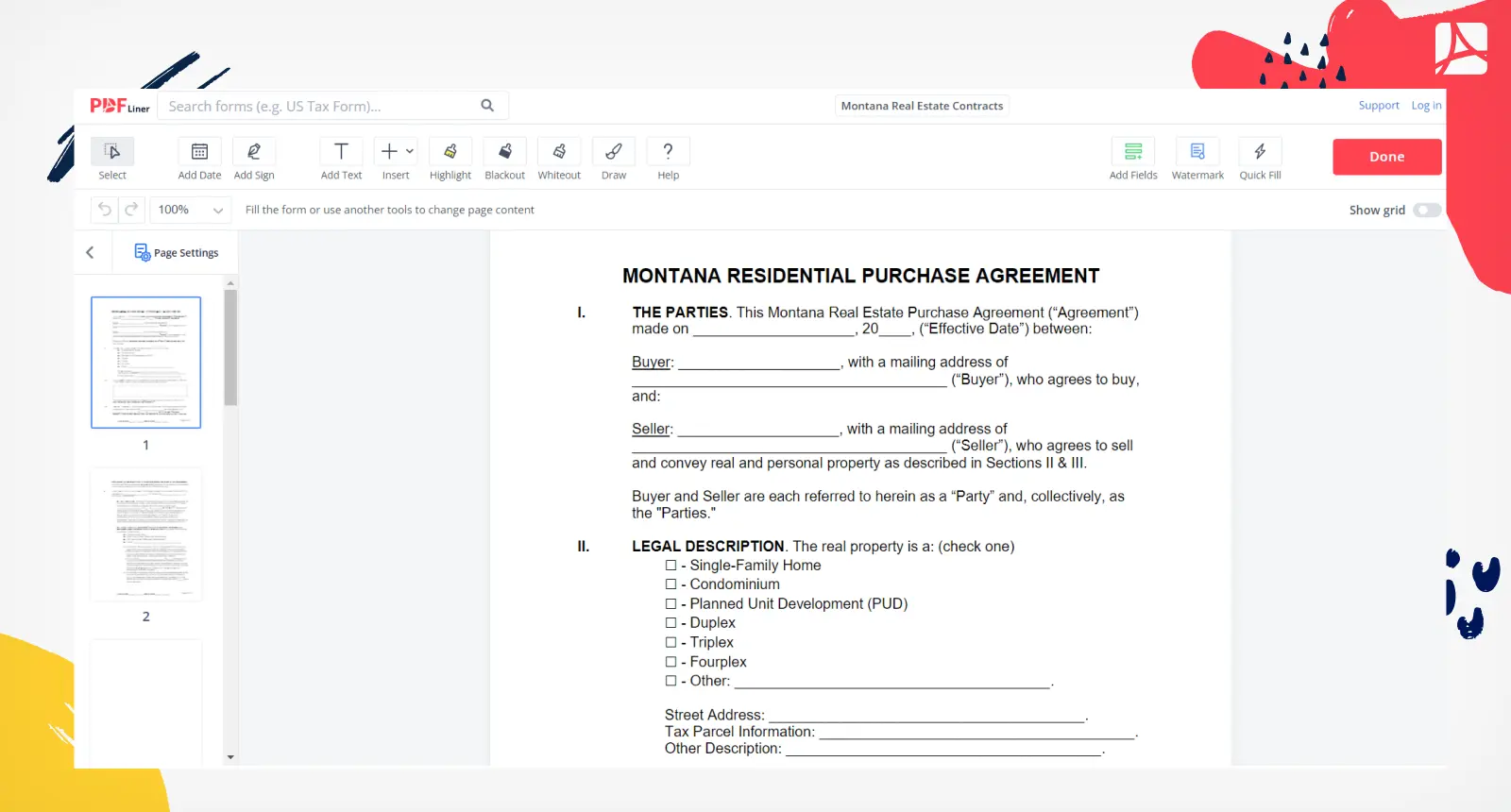 Montana Real Estate Contract Form Screenshot