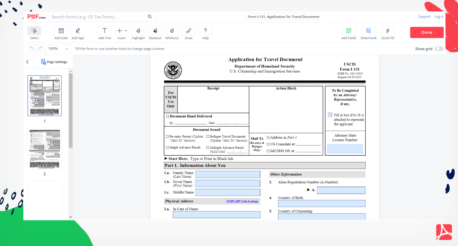 Form I-131, Application for Travel Document Screenshot